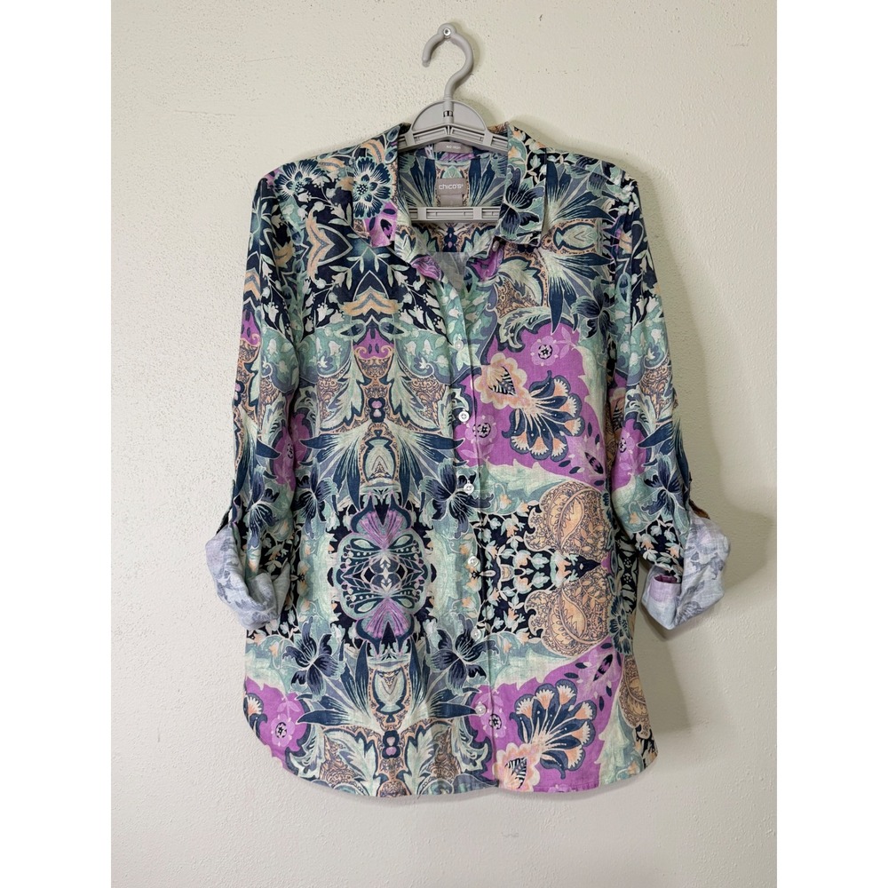 Chicos No Iron 100% Linen Button Down Shirt Paisley Floral Purple Teal Size 2 12